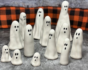 Whisp Ghosts. RTS. Small and Slender handmade ceramic ghosts for Halloween decoration.  by Hurricane Pottery
