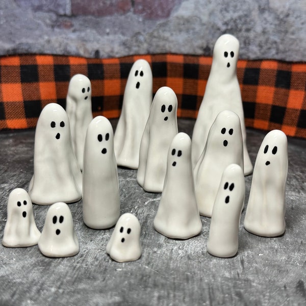 Whisp Ghosts. RTS. Small and Slender handmade ceramic ghosts for Halloween decoration.  by Hurricane Pottery