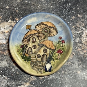 Whimsical Mushrooms with Gnomes on a Hand crafted Spoon Rest