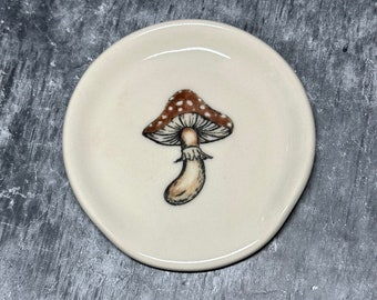 Mushroom Spoon Rest with light brown cap and white spots, hand made ceramic pottery, RTS