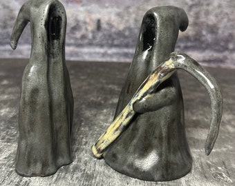 Hooded Figure in Black Cloak, Hand Sculpted OOAK Ceramic Grim Reaper