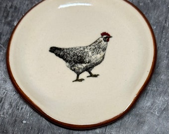 Chicken Spoon Rest with Hen for Coffee or Tea spoon, White Ceramic Handmade Pottery with Brown Rim, RTS