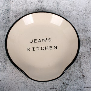 Personalized White Porcelain Spoon Rest: Hand Stamped Kitchen Gift