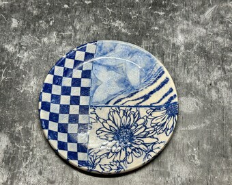 Patchwork Ceramic Pottery Dish or Spoon Rest with Blue Prints. Cottagecore. Granny chic.  RTS