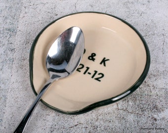Personalized Spoon Rest. Hand Painted on Creamy White Stoneware, Pottery Kitchen Dish for Spoons. Custom Made to Order