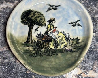 Hand Crafted Spoon Rest with pastoral scene in muted colors