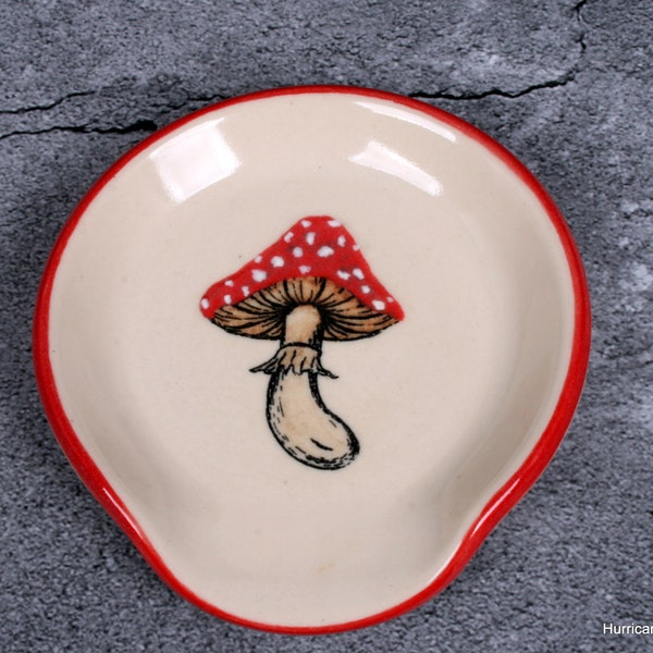 Mushroom Coffee Tea Spoon Rest - Charming Red and White capped shroom on a Handmade Spoon Rest - Ceramic Pottery Made to Order