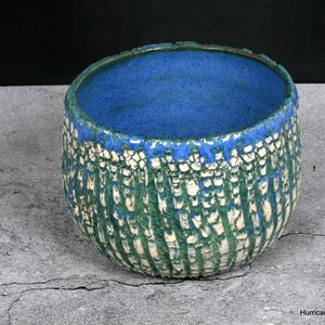 May include: A blue and green ceramic bowl with a textured, crackled glaze. The bowl has a wide rim and a rounded bottom.