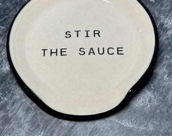 Stir the Sauce stamped spoon holder. Unique Spoon Rest for Mothers or Fathers Day gifts. Handmade Ceramic Pottery. Ready to Ship