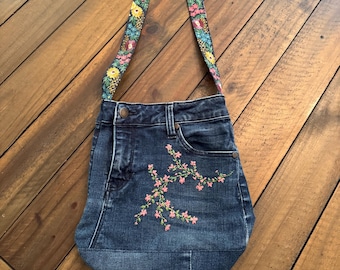 Mini Jean Bag | Hand Embroidered Denim Purse | Upcycled Floral Crossbody