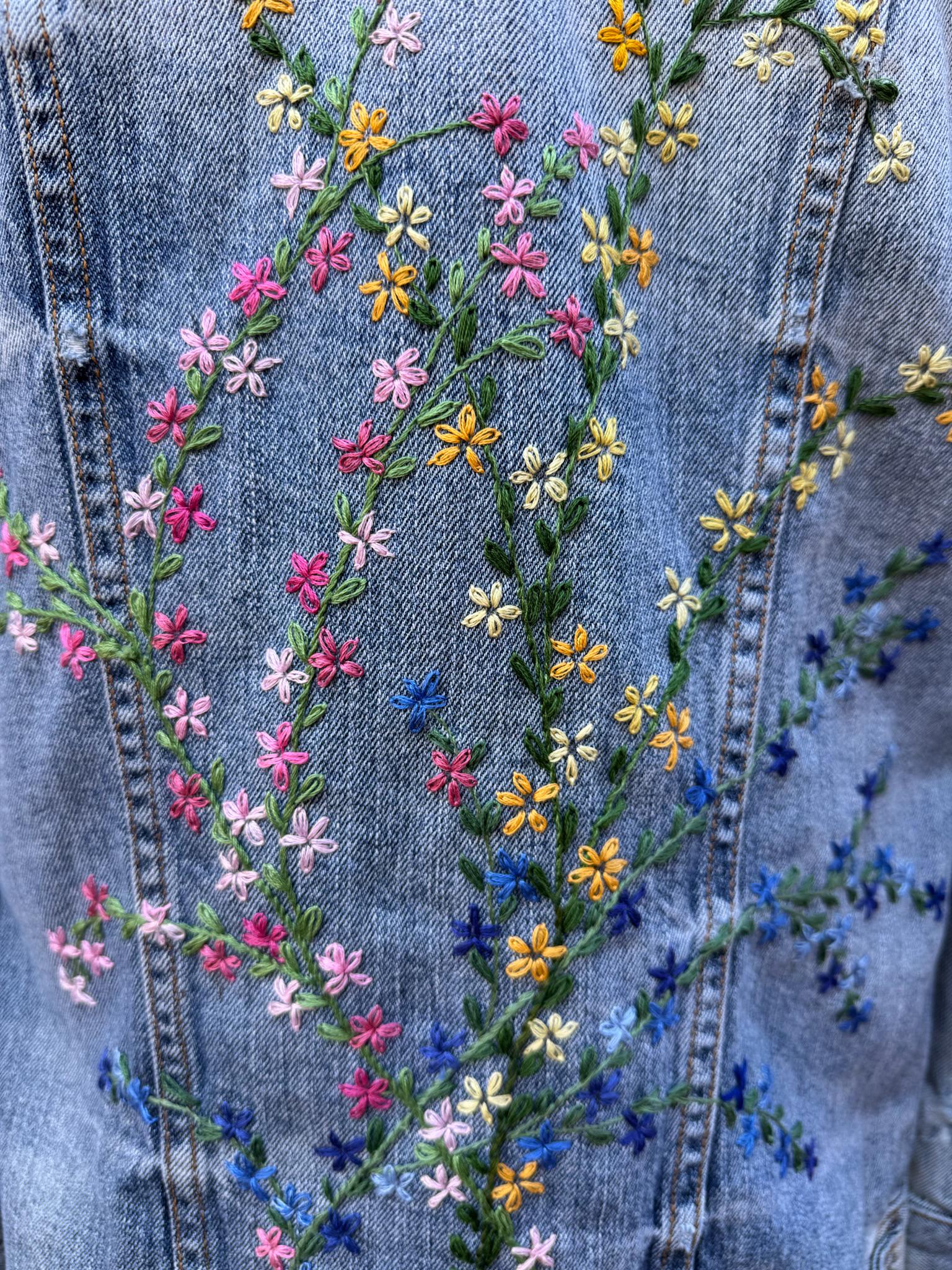 Upcycled Hand Embroidered Denim Jacket – “blooming Floral Design 