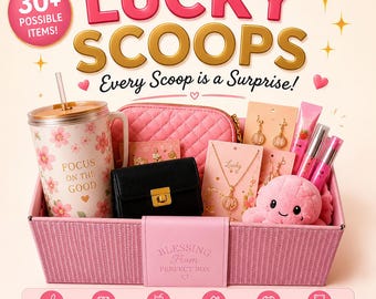 Lucky Scoops Mystery Box | Surprise Gift Assortment (Jewelry, Beauty, Stationery, Plushies)