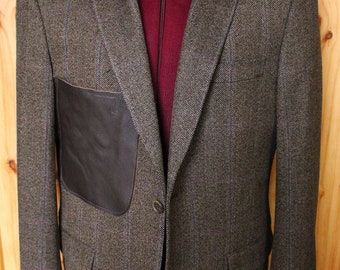 Blazer,  Natural brown wool Hooded Blazer with wool cuffs, leather breast pocket, repurposed, one of a kind. Designed by Wendel Johnston.