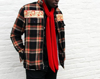 Bomber jacket, Upcycle Flannel cropped jacket cotton with embroidery trimming OOAK