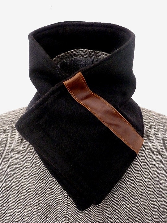 Neckwarmer Black wool with Brown leather wool neck warmer Etsy