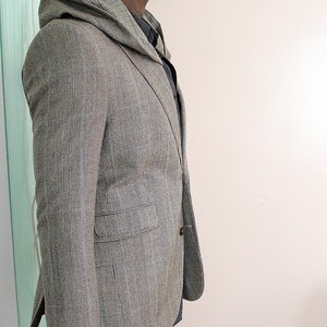 Jacket, Fine plaid wool Hooded Blazer leather cuffs repurposed, one of a kind. Designed by Wendel Johnston image 5