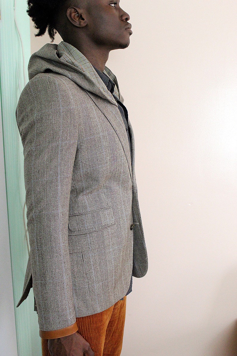 Jacket, Fine plaid wool Hooded Blazer leather cuffs repurposed, one of a kind. Designed by Wendel Johnston image 5