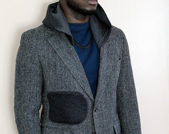 Jacket, Gray wool Tweed Hooded Blazer with wool cuffs, appliques, repurposed, one of a kind. Designed by Wendel Johnston.