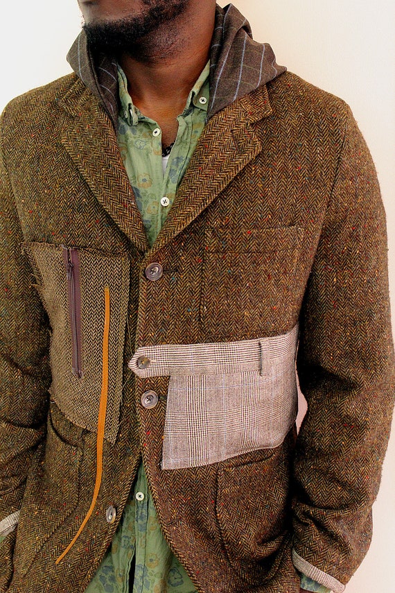 Jacket,Olive-Brown Wool Tweed Hooded Blazer with Wool Cuffs repurposed, One of A Kind. Designed by Wendel Johnston.