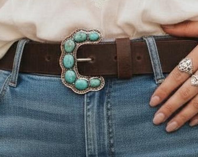 Featured listing image: Southwestern Turquoise Belt Buckle with Custom Leather Belt