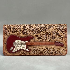 Men’s Leather Wallet, Guitar Wallet, Fender Stratocaster Hand Carved (Long with Brass Chain) image 1