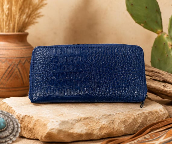 Ladies American Alligator Zipper Wallet Navy Blue