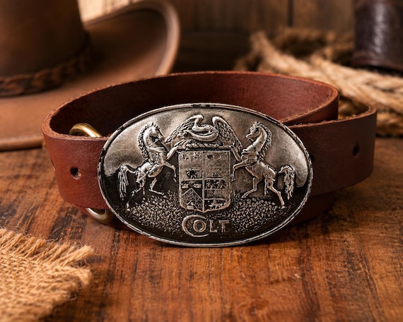 Vintage Colt Belt Buckle with Custom Genuine Leather Belt | Western Horse Crest Buckle | Handmade Leather Belt Gift for Men