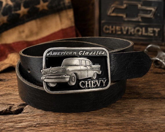 Vintage 1997 American Classic Chevy Belt Buckle with Genuine Leather Belt | Classic Car Chevrolet Western Style Gift for Him