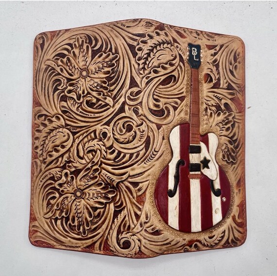 Gibson Guitar Leather Wallet: Hand Carved Design (Men’s Long, Brass Chain)