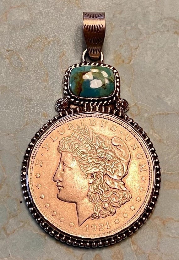 Genuine Southwestern style Morgan Silver Dollar Coin with Turquoise Pendant