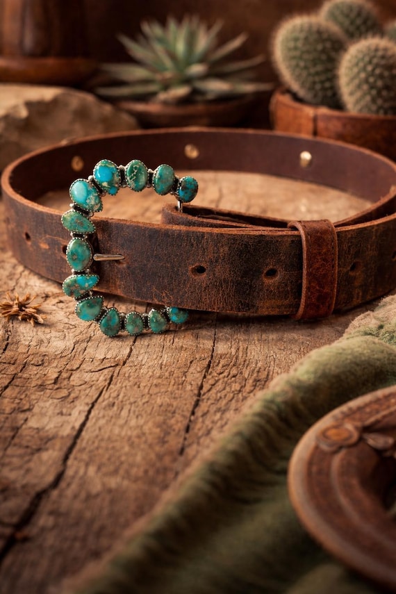Sterling Silver Turquoise Belt Buckle & Leather Belt Set – Southwestern Boho Western Statement Piece