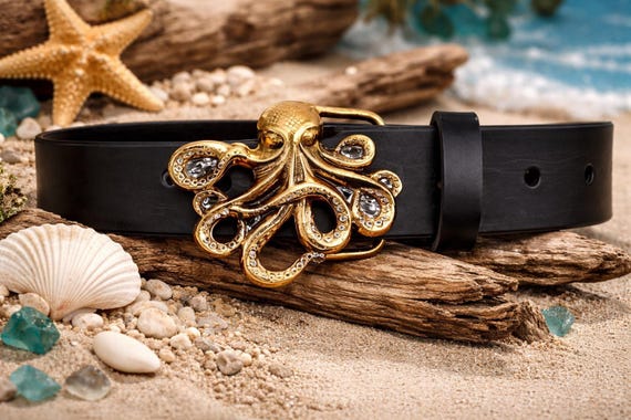Nautical Octopus Belt Buckle, By Silversmith Richard Kaish, w/ Premium Leather Belt - Coastal Style Accessory