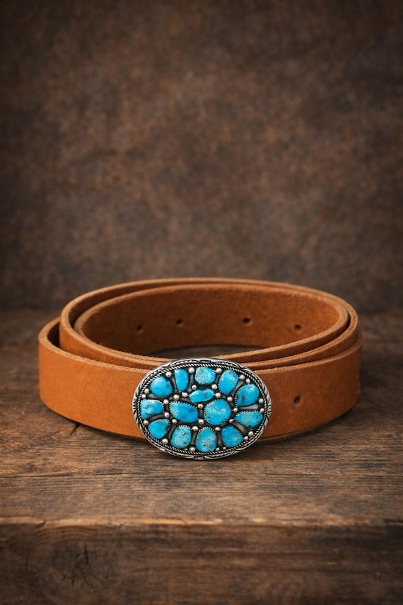 Southwestern Turquoise Belt Buckle with Custom Leather Belt – Sterling Silver Turquoise Buckle – Western Women’s Belt – Cowgirl Belt
