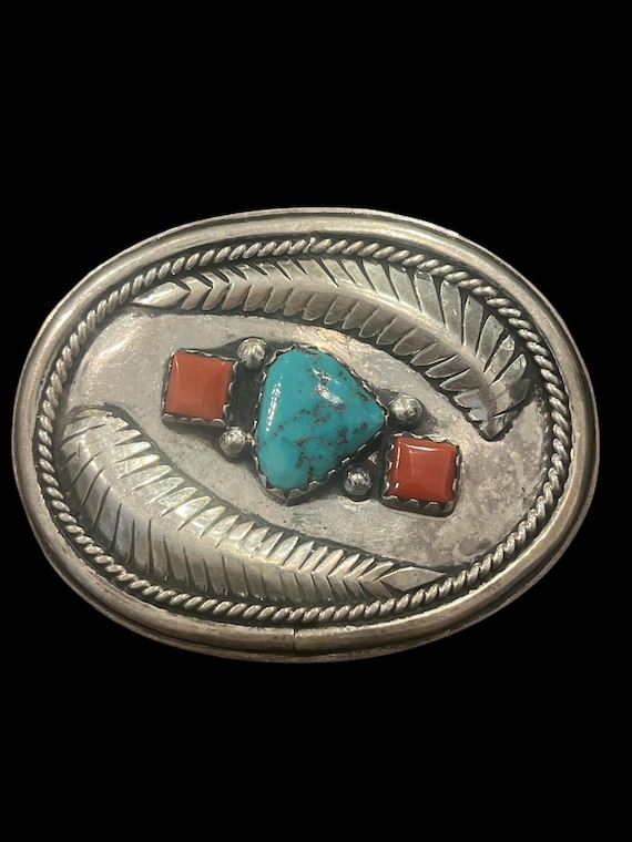 Vintage Sterling Silver Turquoise Coral Belt Buckle – Southwestern Feather Design, Signed “A” with Custom Genuine Leather Belt