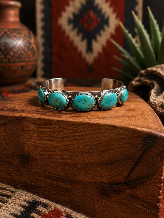 Southwest Turquoise Sterling Silver Cuff (5 Stone Stacking Bracelet)