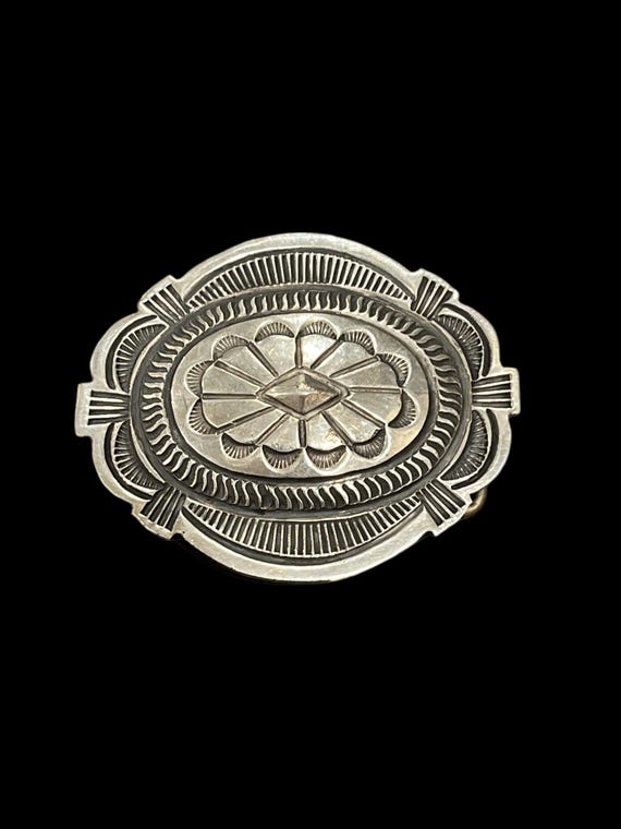Vintage Navajo Native Handmade Sterling Silver Belt Buckle with Custom Genuine Leather Belt– Hallmarked “Carson B”, Sterling Style Western