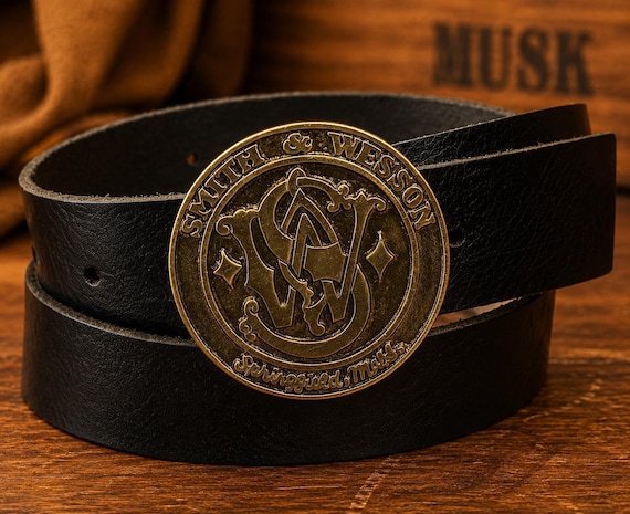 Vintage Smith & Wesson Belt Buckle with Handmade Leather Belt | Brass Western Cowboy Buckle | SW Collector Americana Belt | Vintage Gift
