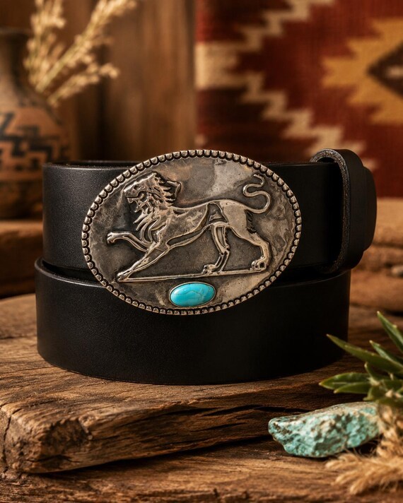 Sterling Silver Lion Belt Buckle with Turquoise, Southwestern Western Buckle, Custom Black Leather Belt, Boho Cowgirl Cowboy Belt