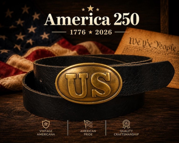 Vintage Solid Brass US Belt Buckle with Custom Leather Belt | Military Style Americana Belt | Patriotic Brass Buckle | America 250 Gift
