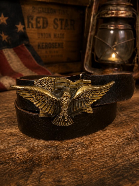 Vintage Belt Buckle American Eagle with Flag, Solid Brass, Genuine Leather Custom Belt, Patriotic Gift, America 250
