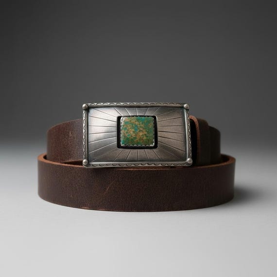 Vintage Sterling Silver Southwestern Belt Buckle, Turquoise Matrix Stone, Signed "A" with Custom Genuine Leather Belt
