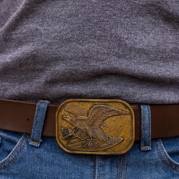 Vintage Belt Buckle American Eagle with Flag, Solid Brass, Optional Belt