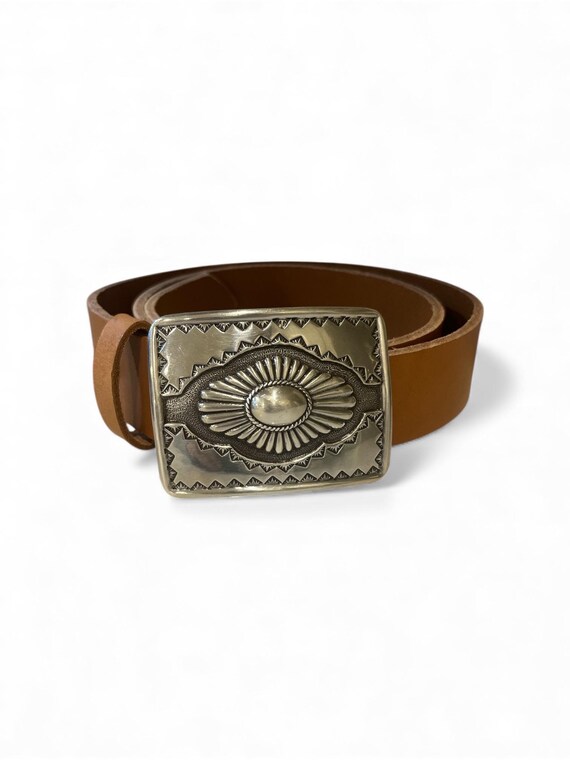 Southwestern Belt Buckle: Silver Plated Sunburst Design (Leather Strap, Multiple Colors)