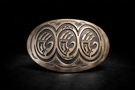 Signed Sterling Silver Belt Buckle – Handmade Hopi– Vintage Overlay – Hallmarked “A”, W/ Premium Leather Belt