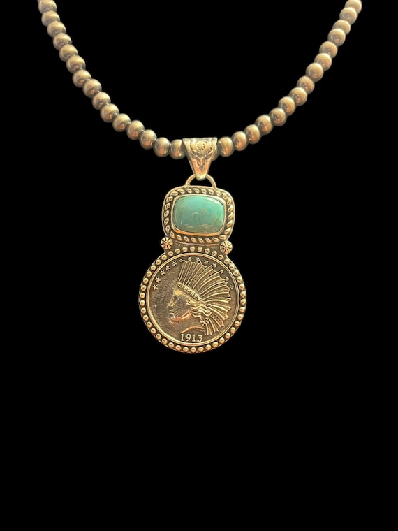 Turquoise Coin Pendant: Sterling Silver Indian Head (Kingman Mine Stone)