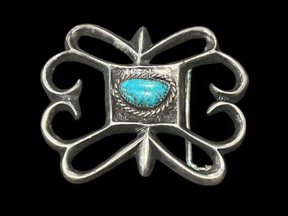 Vintage Turquoise Southwestern Belt Buckle | Silver Tone Scroll Western Style