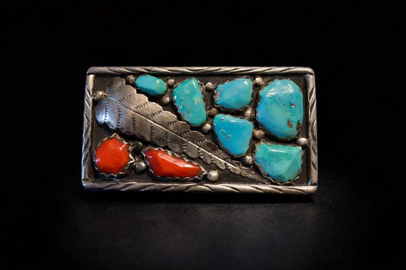 Vintage Southwestern Sterling Silver Turquoise Coral Belt Buckle with Custom Leather Belt – Handmade Signed “Wayne C”