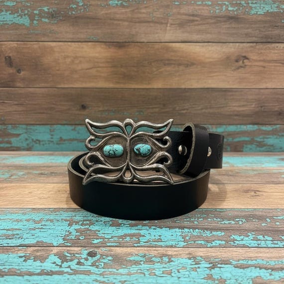 Vintage Kingman Turquoise Belt Buckle, Sand Cast Sterling Silver, Southwestern Style with Custom Leather Belt
