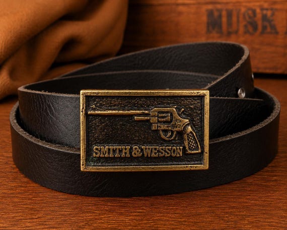Vintage Smith & Wesson Revolver Belt Buckle with Genuine Leather Custom Belt | Western Cowboy Belt | SW Americana Collector Buckle