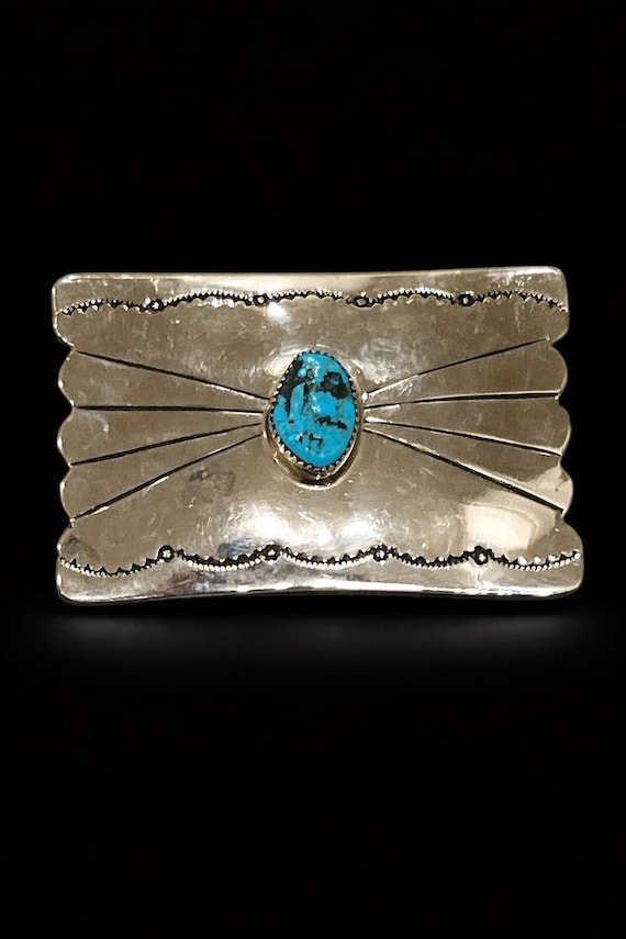 Vintage Navajo Turquoise Belt Buckle – Nickel Silver CR Signed Western Buckle